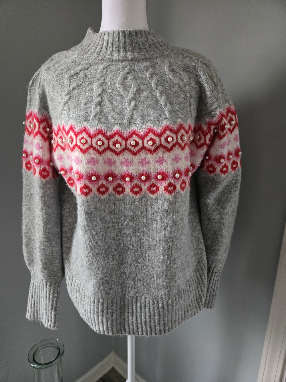 St. John's Bay Gray Crewneck Sweater with Pink & Red Fair Isle Yoke